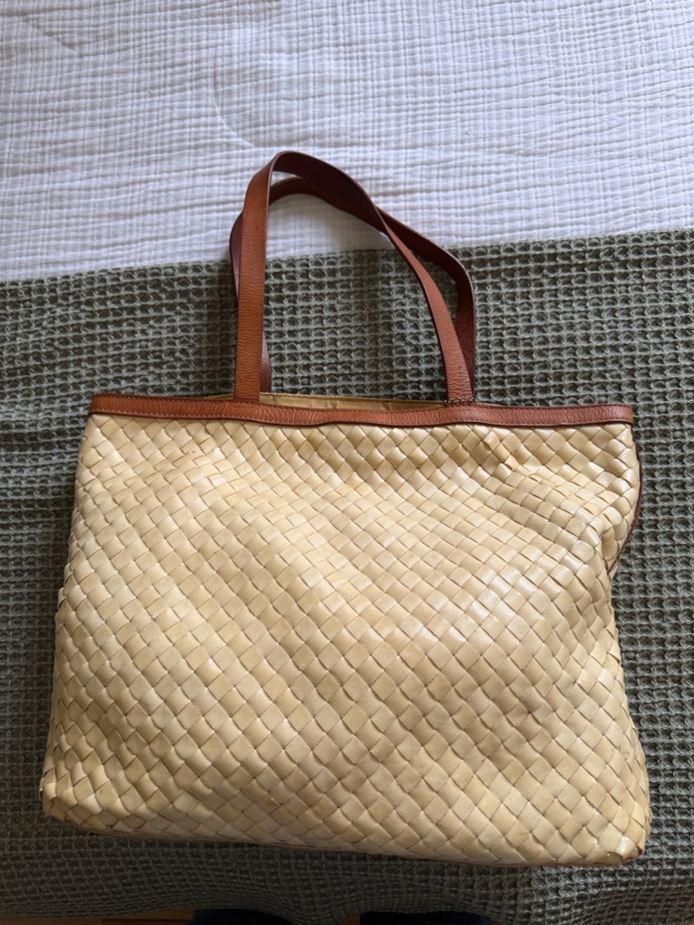 Cole Haan Beige Woven Tote with Brown Leather Trim